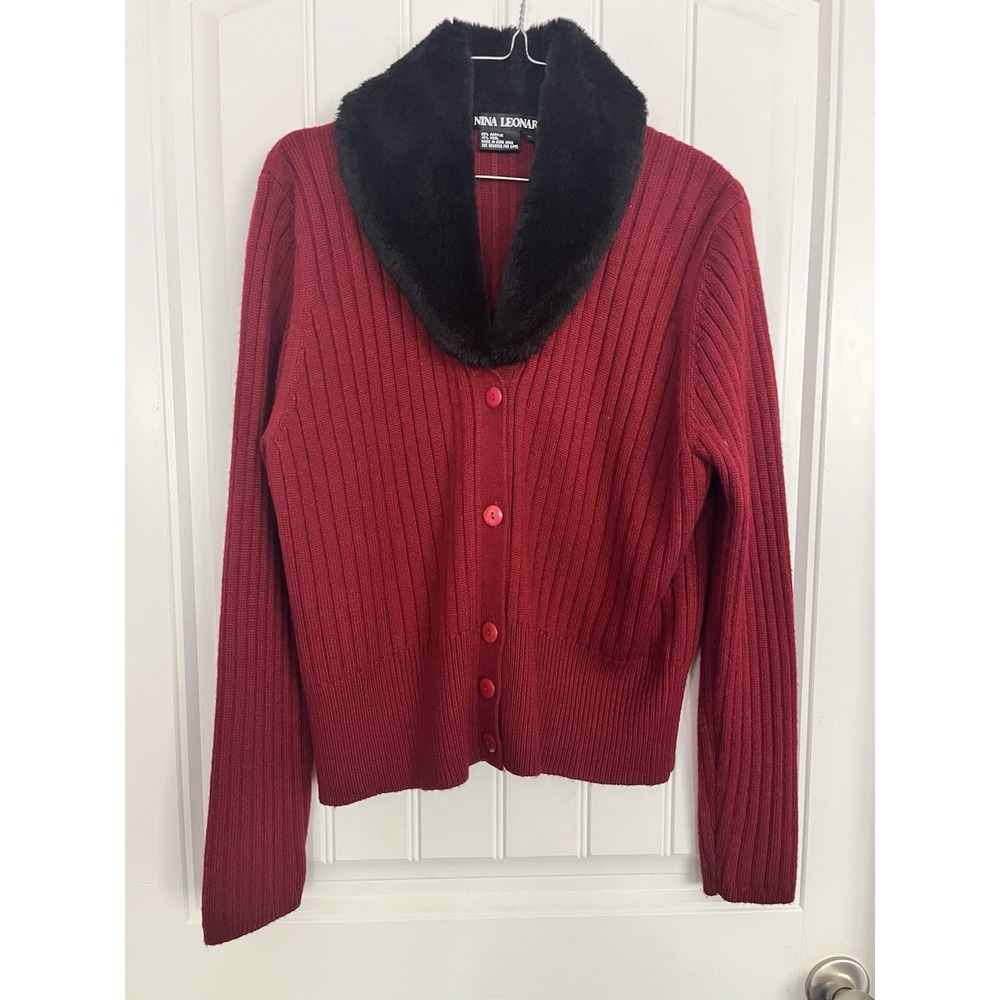 Nina Leonard Red Cardigan Sweater Black Faux Fur Trim XL Ribbed Wool Blend CC